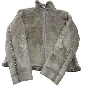 LL Bean Women's Tan Suede Embroidered Jacket Size Medium Petite Vintage Lined